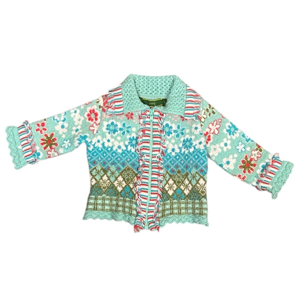 Oilily Wool Fair Isle Floral Zip Cardigan Baby Girl Size 80 (9-12 M) Ruffle Trim